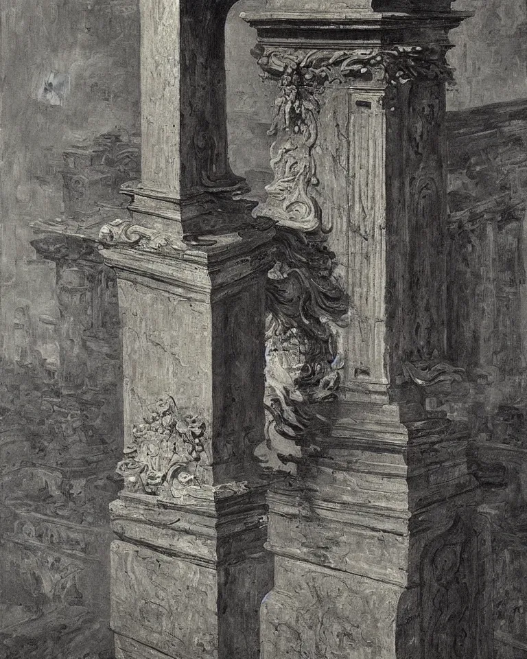 Image similar to achingly beautiful painting of intricate ancient roman corinthian capital on black background by rene magritte, monet, and turner. giovanni battista piranesi.