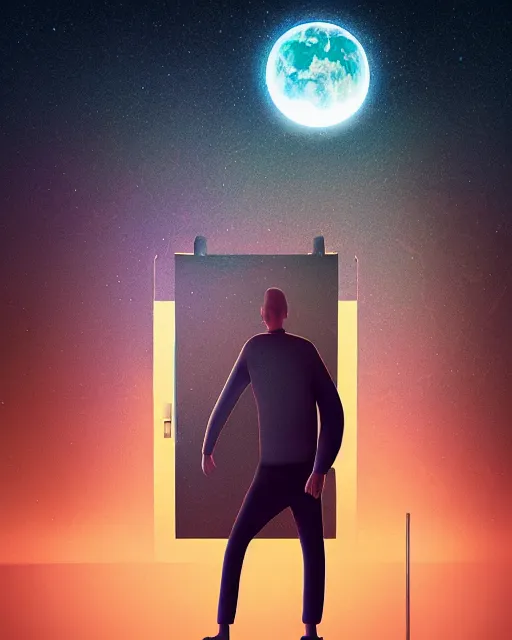 Image similar to a person standing in front of an open door that's on the moon, poster art by mike winkelmann, trending on cg society, space art, sci - fi, ue 5, futuristic, volumetric lighting