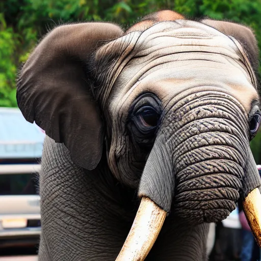 Prompt: a Elephant-Pug Hybrid, A Elephant that looks like a pug, huge tusks, afternoon hangout, good times photograph, candid