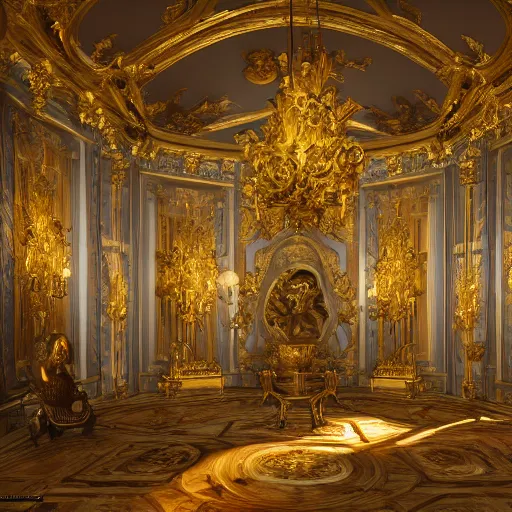 Image similar to baroque versailles interior with statues and golden decorations, baroque furniture, by peter mohrbacher dan mumford craig mullins nekro, cgsociety, pixiv, volumetric light, 3 d render