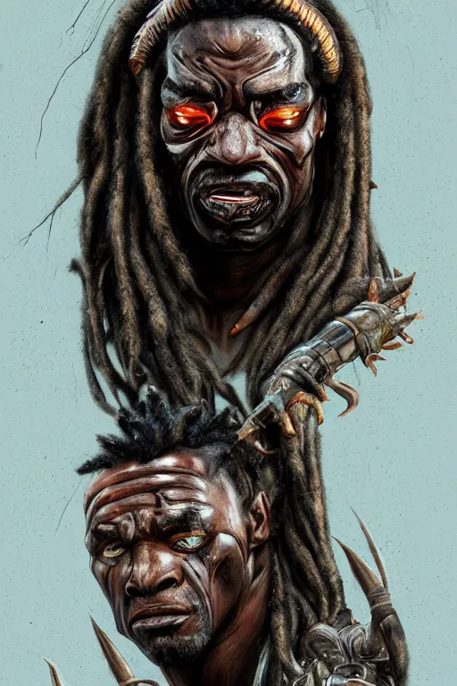 Image similar to predator 1 9 8 7 face redesign, portrait, highly detailed, dreadlocks, mandables, digital painting, trending on artstation, concept art, illustration