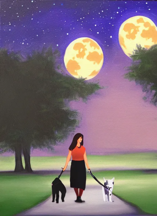 Prompt: young brown woman walking her dog in a park at night with a full moon, acrylic painting, fantasy