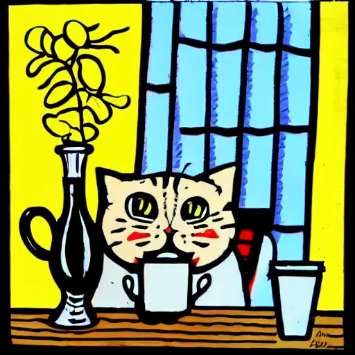 Image similar to a cat sitting at a table next to a cup of coffee, a pop art painting by art spiegelman, flickr, pop art, pop art, woodcut, lowbrow