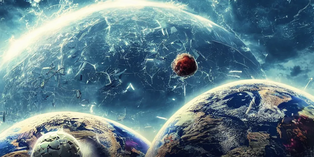 Prompt: view from 2 5 0 million miles in distance. a highly accurate depiction of earth slowly breaking apart, exploding, pieces are floating. florida cyberpunk crab descendants bigger than the earth are crushing it in their massive claws. dramatic lighting, highly coherent, highly detailed, epic, digital art, fifth element, octane 3 d render.