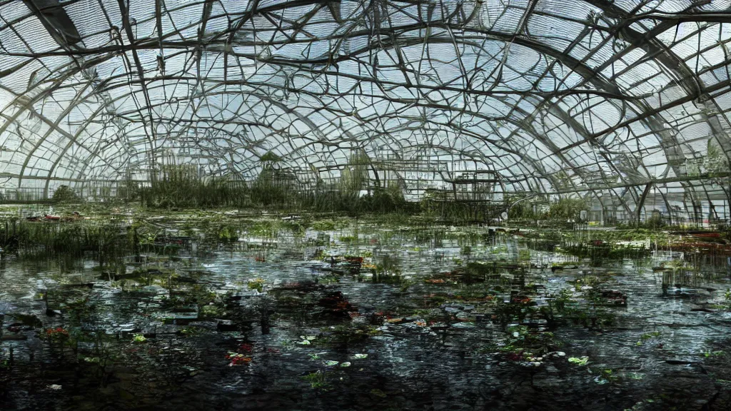 Prompt: exploring an abandoned flooded greenhouse, submerged in lake with aquatic life, hyperrealistic, ambient lighting highly detailed, 4 k hd