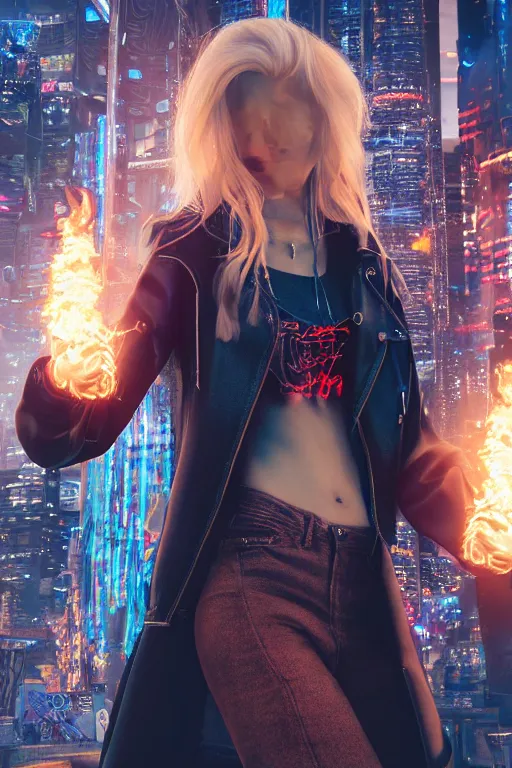 Image similar to young blonde woman with flames dancing on her hands with a long jacket in a cyberpunk city, detailed and realistic face, detailed and realistic hands, realistic, high definition, 4 k, shimmering color, epic digital art