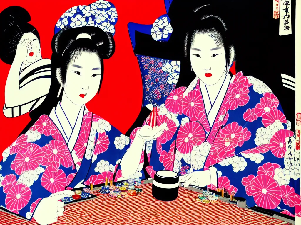 Prompt: hyperrealism composition of the detailed woman in a japanese kimono sitting at a poker table with darth vader, fireworks on the background, pop - art style, jacky tsai style, andy warhol style, ukiyo e, acrylic on canvas