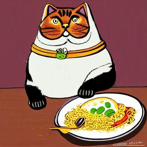 Prompt: obese cat sitting in behind a plate of indomie mi goreng noodles on toast, traditional artstyle