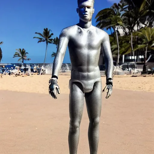 Image similar to a realistic detailed photo of a guy who is an attractive humanoid who is half robot and half humanoid, who is a male android, football player christian mccaffrey, shiny skin, posing like a statue, blank stare, by the beach, on display