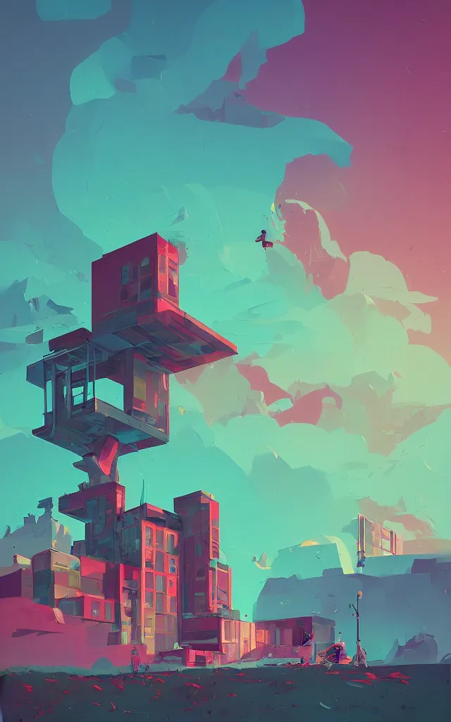 Image similar to a stunning building in a fantastic landscape against a ridiculous sky by Anton Fadeev and Simon Stålenhag