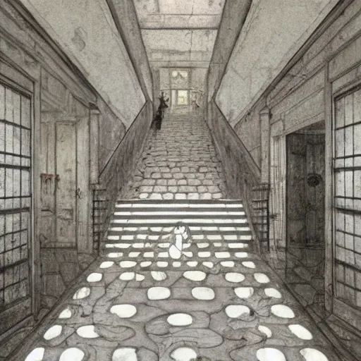 Image similar to a bright white hallway with many doors and stairs full of fungus and mushrooms and rot, Mc Escher architecture, decay, by makoto shinkai