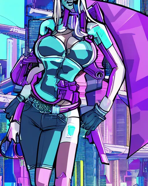 Image similar to cel shaded art of a pretty blue haired girl standing next to a purple lamborghinil, jet grind radio graphics, cyberpunk city street background