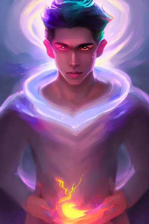 Prompt: a human elemental sorcerer, mountainous lake setting, colorful magic effects, white skin, portrait, male, clothed, sharp focus, digital art, concept art, trending on artstation, dynamic lighting, by emylie boivin