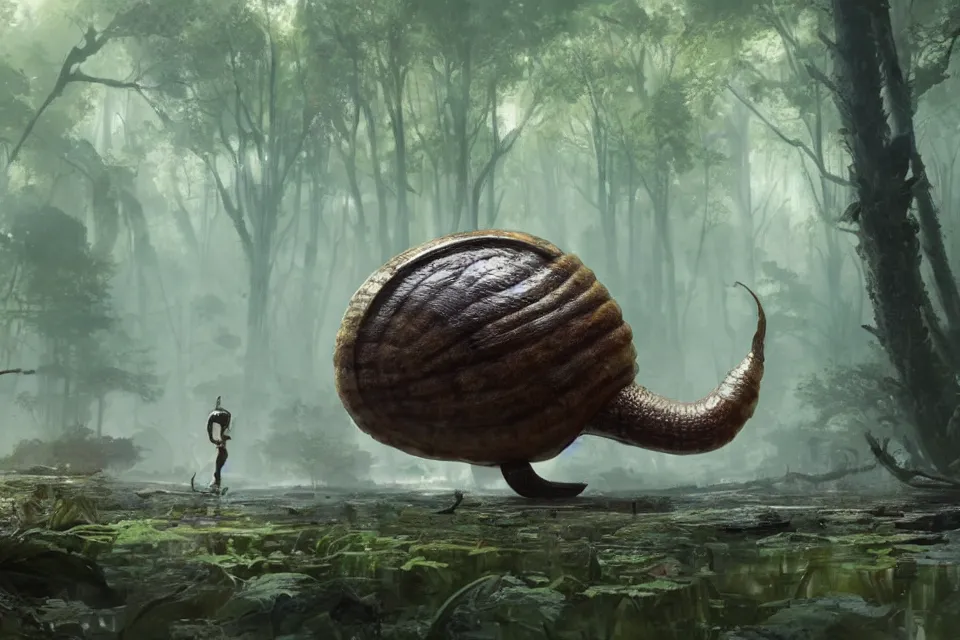 Image similar to giant monster snail, sunny clear swamp, character art by Greg Rutkowski, 4k digital render