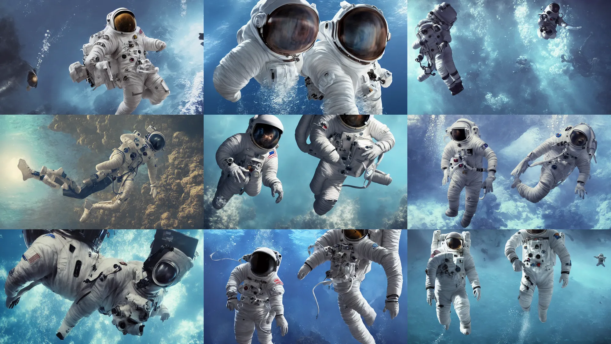 Prompt: astronaut suit, deep sea diving, underwater, waterfall, birds, cinematic, hyper-realistic, high resolution, concept art, artstation