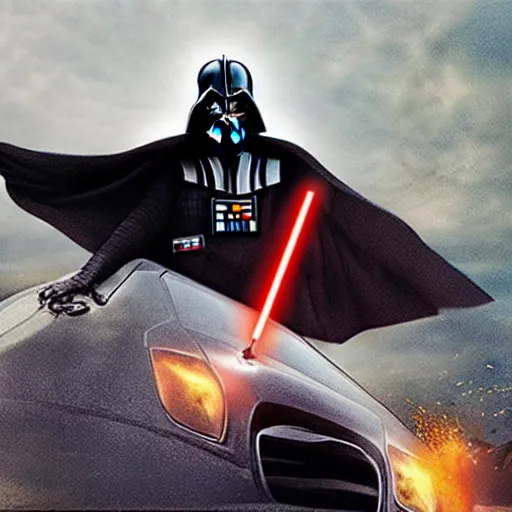 Image similar to darth vader throwing food on a car, throwing food on car windshield