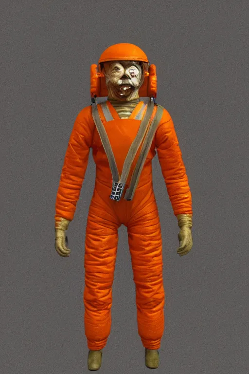 Prompt: vintage 35mm photo of an ancient mummy wearing a technical orange leather nasa spacesuit in the style of star wars and henson creature shop, cosmic, nightmare, creepy, grimy, filthy, broken, fantasy, 8k, unreal engine, octane render