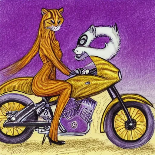 Image similar to a highly detailed drawing by s. gahan wilson of a slender beautiful woman with straight ginger hair and bangs, wearing purple leathers and gold helmet, posing with large ginger tabby and raccoon on a motorcycle in front yard, holding toasted brioche bun, dramatic lighting