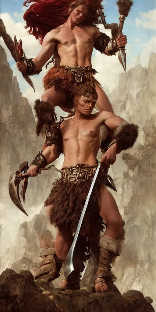 Image similar to a young kirk douglas as a barbarian, beautiful fantasy maiden, dungeons and dragons, masterpiece by edgar maxence and ross tran and michael whelan, gustav dore, 8 k, octane render