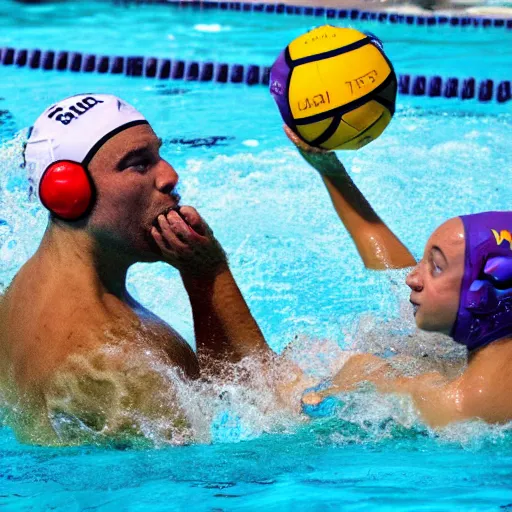 Image similar to hippopotamuses playing water polo with people. sports photograph.