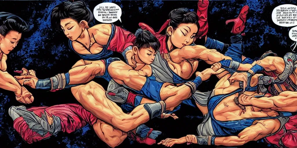 Image similar to Chun Li teaching Trump jujitsu. Epic painting by James Gurney and (Laurie Greasley).