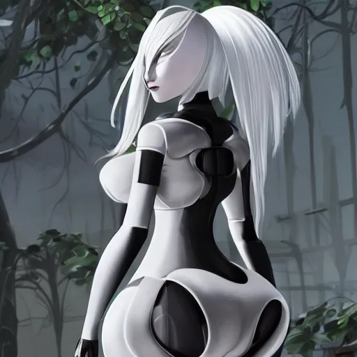 Image similar to This android personal bodyguard is a true beauty, with a design that resembles both Gardevoir from Pokémon and 2B from Nier Automata. Her utopian vibes and photorealistic character are truly something to behold, and her outrunner aesthetic is truly trendsetting. This 8k UHD image is a hyper realistic render with intricate details that will leave you breathless.