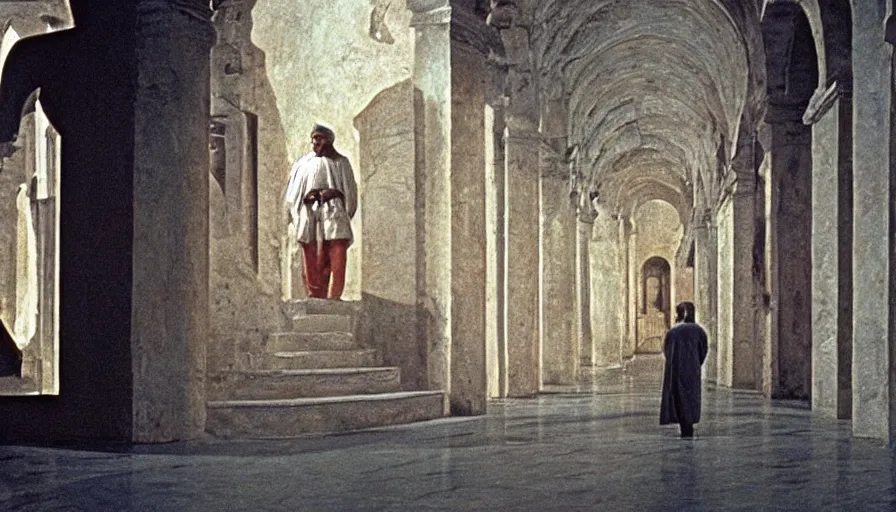 Prompt: a scene from the movie la felicita ( 1 9 7 1 ) by luchino visconti with mastroianni entering a science - fiction city reminiscent of the ideal city by piero della francesca. technicolor, cinematic, 5 0 mm, highly detailed