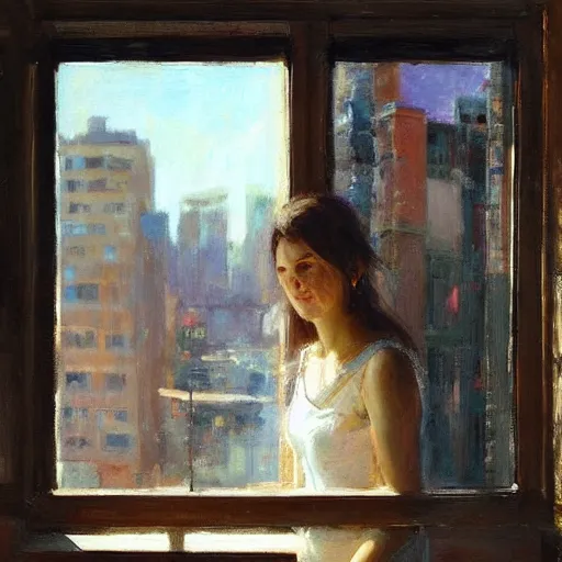 Image similar to “ girl holding a cup of coffee leaning out of a window overlooking the east village, morning light, by daniel gerhartz ”