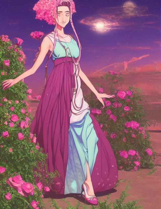 Prompt: middle eastern scifi princess at the rose garden, wearing a lovely dress with vaporwave details. this oil painting by the award - winning mangaka has an interesting color scheme and impeccable lighting.