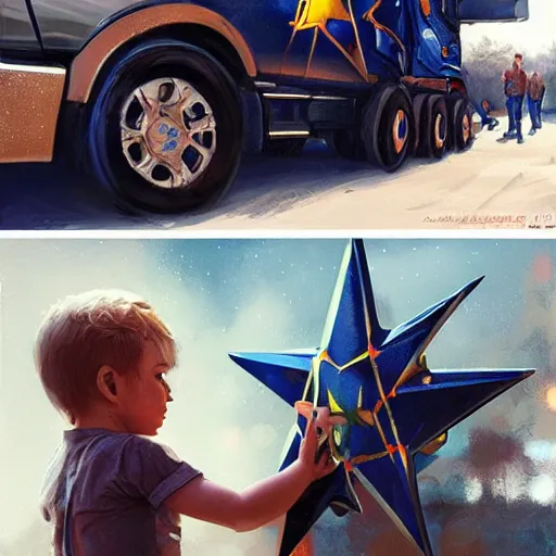 Image similar to close up of child's hand attaching a star - shaped sticker to a truck, digital art by ruan jia and mandy jurgens and artgerm, highly detailed, trending on artstation, award winning