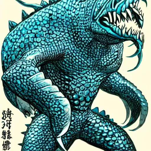 Image similar to a fish monster, yusuke murata style, detailed