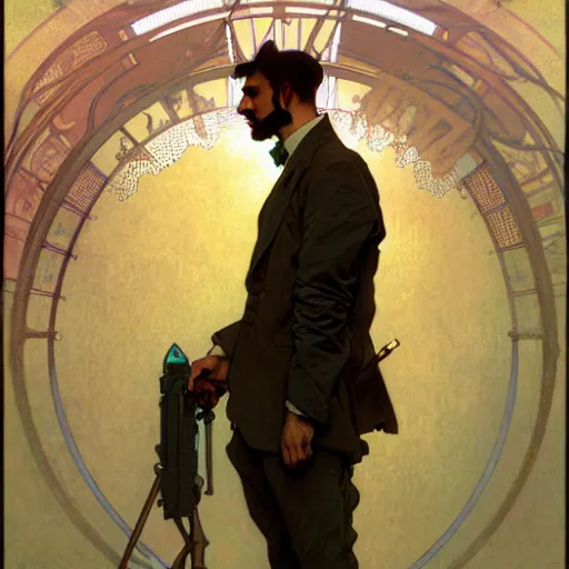 Prompt: portrait of a vicotrian engineer man in suit by alphonse mucha, simon stalenhag and darek zabrocki, cinematic and atmospheric, concept art, artstation, trending on artstation