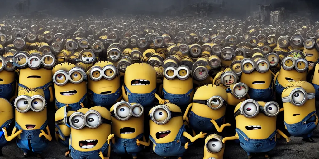 Image similar to minions taking over the world, post-apocalyptic, cinematic, 8k UHD