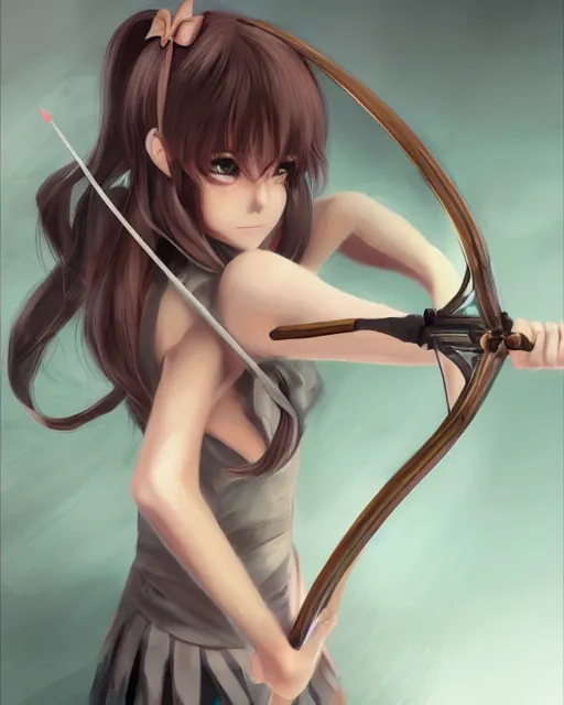 Prompt: anime girl with a bow and arrow, artstation trending, concept art, digital painting