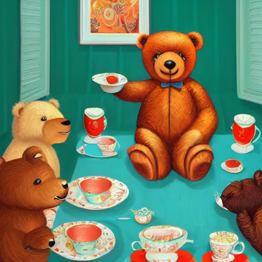 Image similar to Teddy Bear Tea Party By Casey Weldon and Martine Johana, rich colors, vivid colors, intricate, elegant, highly detailed, centered, digital painting, artstation, concept art, smooth, sharp focus, HDR, illustration