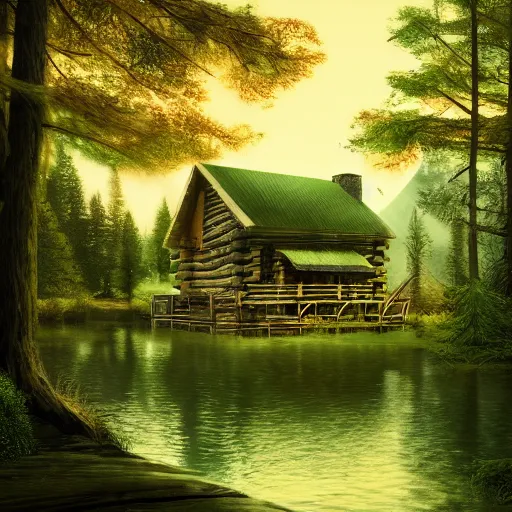 Image similar to log cabin in the woods by the lake, diffused lighting, highly detailed cinematic, epic composition, highly detailed, atmospheric, wide angle, artstation trending, warm green colors, computer art, concept art