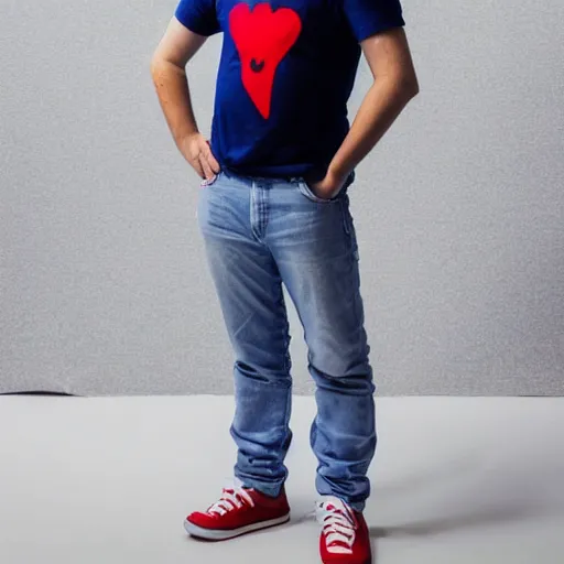 Image similar to a full body shot of an average white, short young - adult man with no beard and blue colored hair, wearing a red backwards cap, white t - shirt with a red no symbol on it, blue long pants and red shoes, holding a microphone, studio lighting, photoshoot, grey background