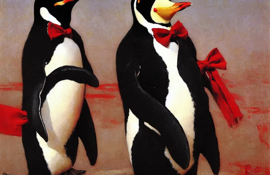 Prompt: a penguin with a red bow tie!!!!!!!!!!!!!!!!!!!!!!!!!!!, detailed painting, epic lighting, by ilya repin, phil hale and kent williams