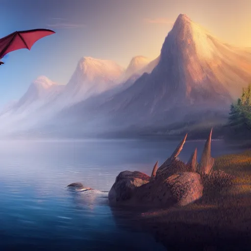 Prompt: big dragon flying over a lake, fog, mountains in background, detailed digital painting, trending artstation