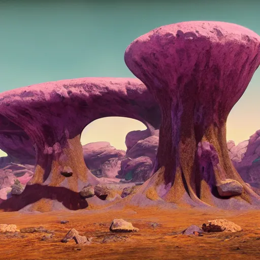 Prompt: a grotesque alien landscape, purple sky and weird alien structures, cinematic, unreal engine 5