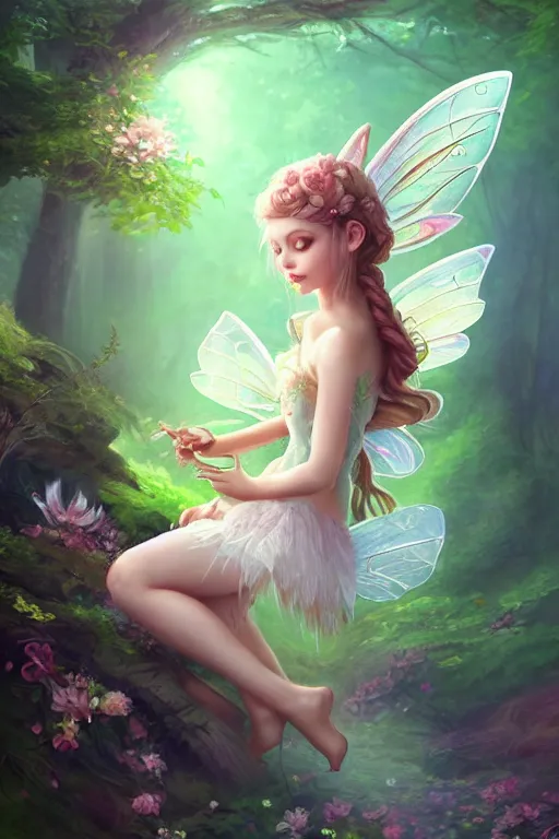 Image similar to a cute and geogerous fairy in the dreamy forest, fantasy, dreamlike, 8 k resolution, hyper detailed, d & d, character design, digital painting, trending on artstation, sharp focus, illustration, art by viktoria gavrilenko, hoang lap, fuji choko, steve zheng,