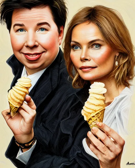 Prompt: Portrait of Michael Mcintyre & a blonde Barbara Bach from the bond film eating ice creams in Porto,real life skin, intricate, elegant, highly detailed, artstation, concept art, smooth, sharp focus, art by artgerm and greg rutkowski and alphonse mucha