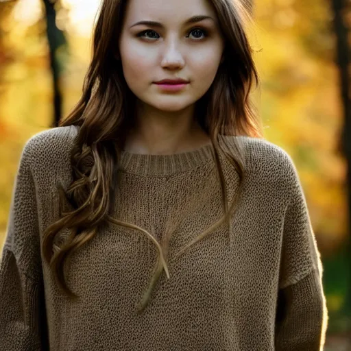 Prompt: real life photo of a beautiful girl, full body photoshoot, long brown hair, brown eyes, full round face, short smile, sweater, forest setting, cinematic lightning, medium shot, mid - shot, highly detailed, trending on artstation, unreal engine 4 k, 8 0 mm, 8 5 mm, cinematic wallpaper