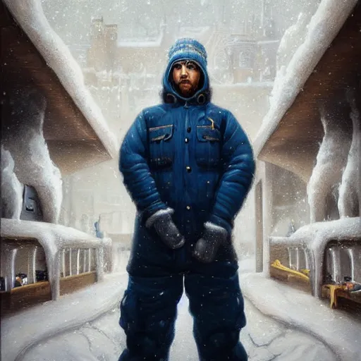 Prompt: beautiful snow - covered plumber posing in museum, half - length portrait, perfect symmetrical eyes, cinematic by peter mohrbacher, detailed, hyperrealism