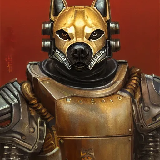 Prompt: the doomslayer as anthropomorphic shiba inu a realistic scifi cyberpunk knight, closeup portrait art by donato giancola and greg rutkowski, vintage retro scifi, realistic face, digital art, trending on artstation, symmetry