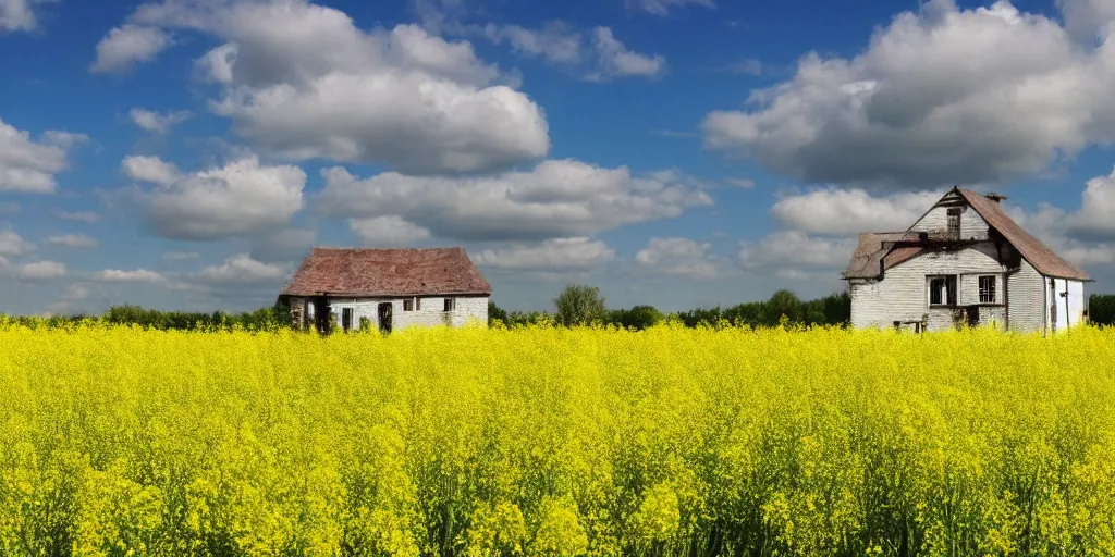 Prompt: An abandoned house in the middle of a field of rapeseed, 4K, wide shot, photorealistic