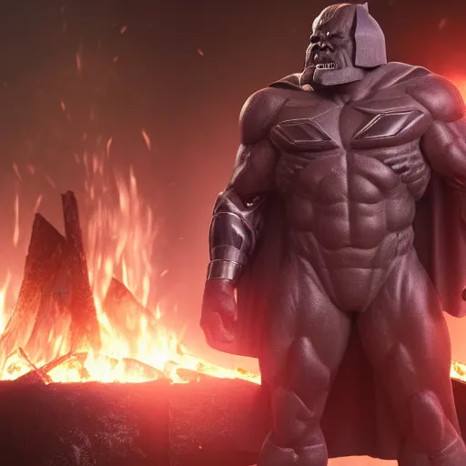 Image similar to darkseid in a dark suit with glowing eyes standing in front of a fire, a photocopy by zack snyder, cgsociety, antipodeans, # vfxfriday, reimagined by industrial light and magic, movie still