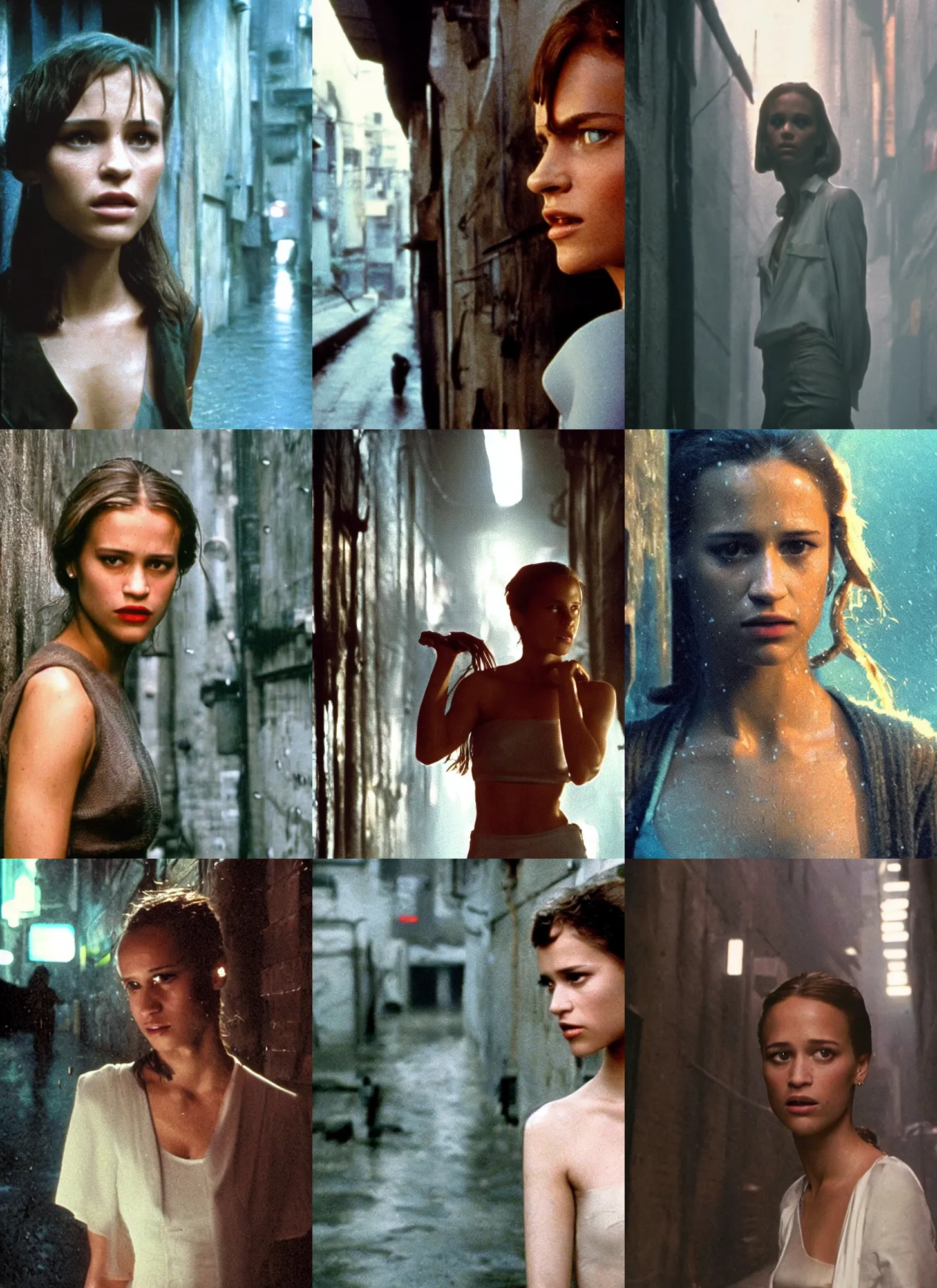Prompt: A close-up, color outdoor film still of a Alicia Amanda Vikander in white is standing in the alleyway, dynamic lighting at heavy rain, from Blade Runner(1982).