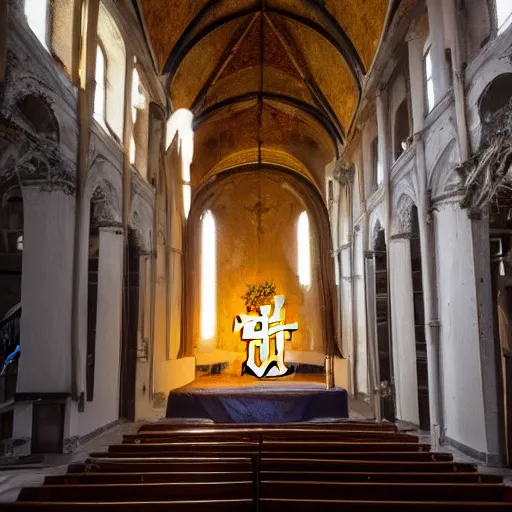 Prompt: a cinematic painting of an abandoned church interior and a strong beam of light shining in through a crack on the ceiling, a mysterious person stands on the alter, ultra realistic, 8 k, movie still, wide angle photograph