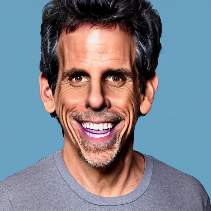 Prompt: portrait of ben stiller, smiling towards the camera. getting 2 years younger. detailed, 4 k, morning hour.